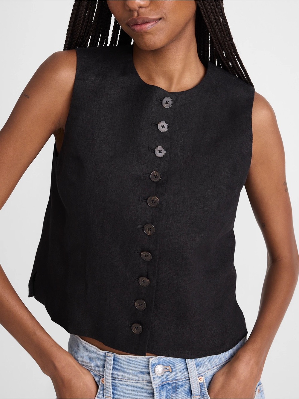Madewell Button-Front Shell Top 100% Linen Jet Black Size 4 NWT